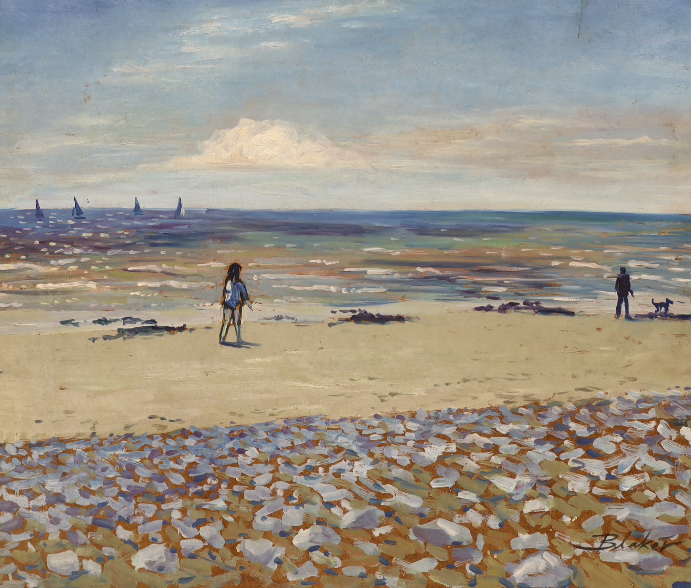 Michael John Blaker (1928-2018), two oils on board, view from Hove towards Southwick and Shoreham and Sussex beach with walkers, signed, largest 51 x 61cm, unframed